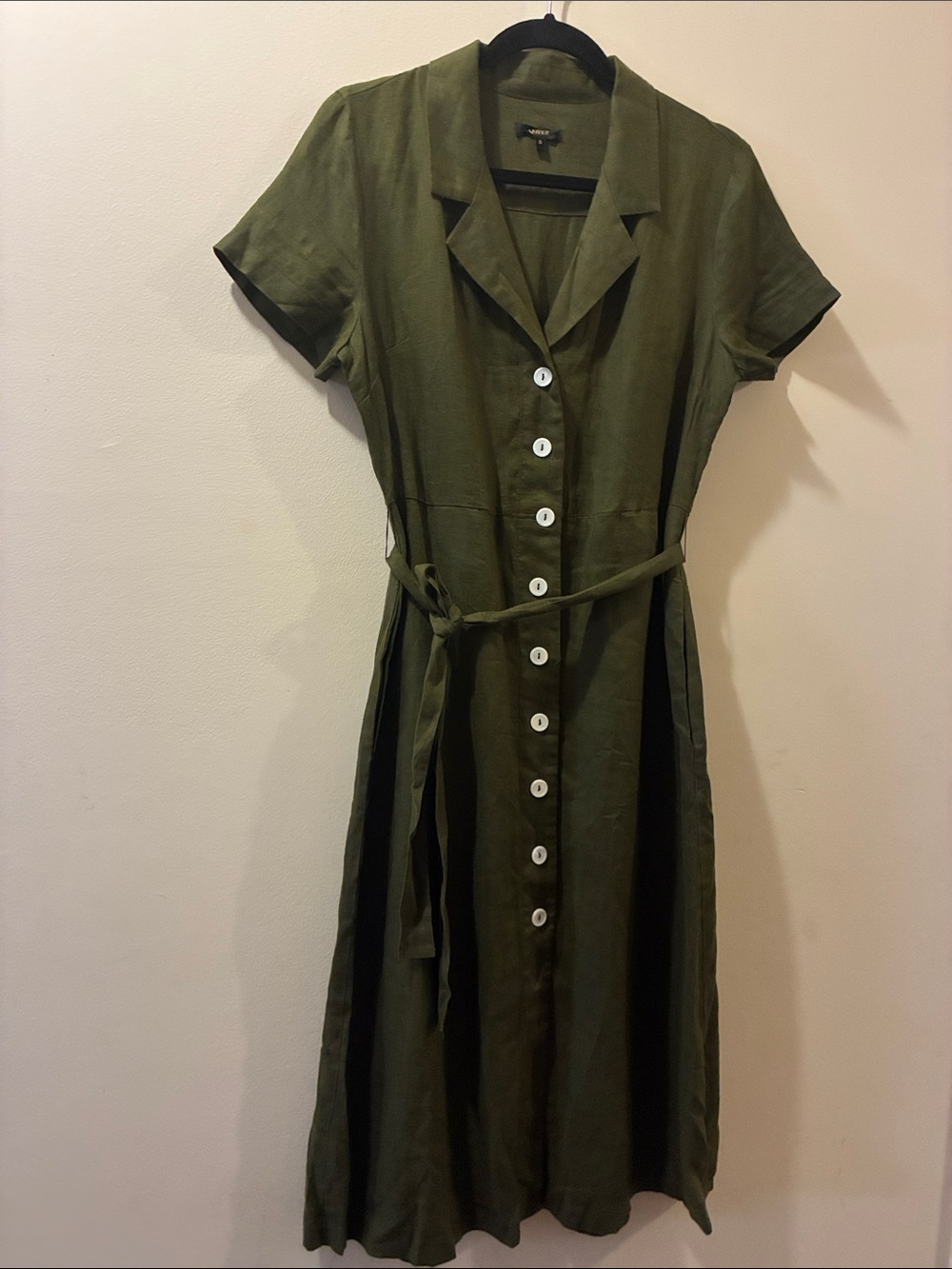 Quince Classic Olive Button-Front Shirt Dress with Belt - 100% linen - A-line